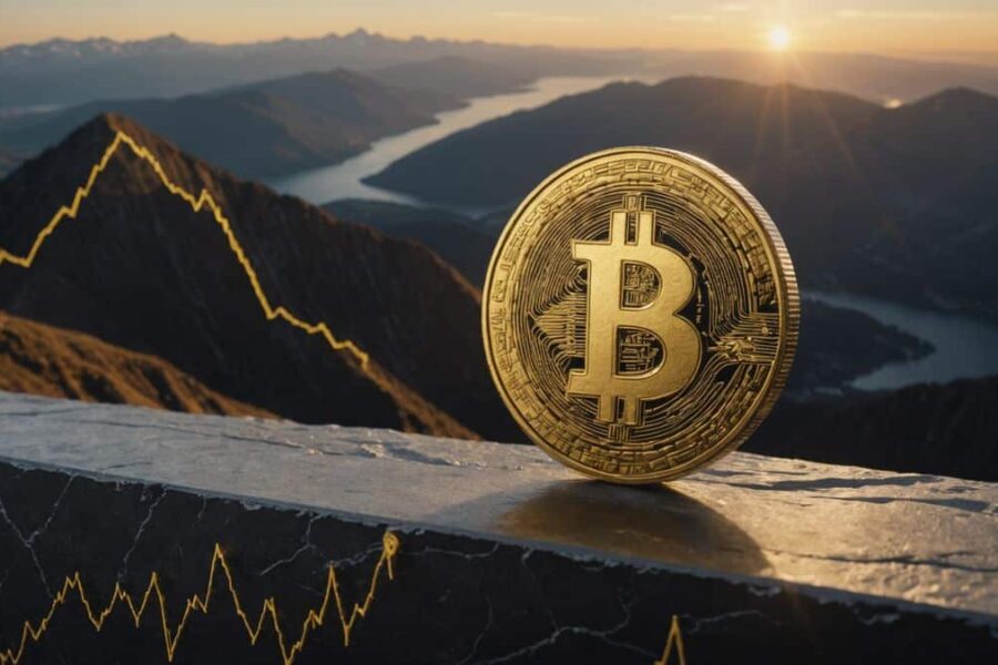 Golden Solana coin at edge of financial chart mountain, pressing against glass resistance barrier with valley below