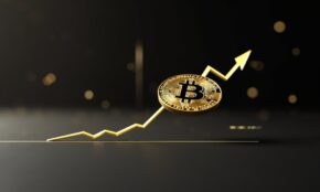 Golden Bitcoin coin hovering above support level with upward arrows indicating bullish momentum and potential breakout