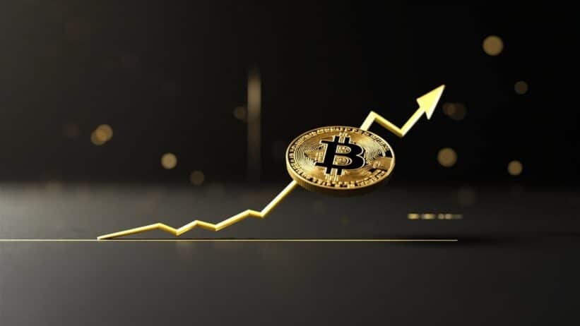 Golden Bitcoin coin hovering above support level with upward arrows indicating bullish momentum and potential breakout