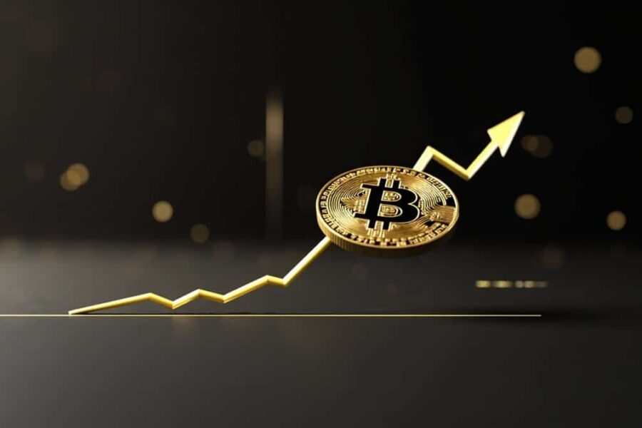 Golden Bitcoin coin hovering above support level with upward arrows indicating bullish momentum and potential breakout