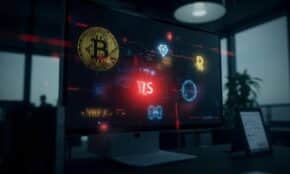 Computer monitor displaying cryptocurrency symbols with red security alert, representing blockchain network security breach across multiple platforms
