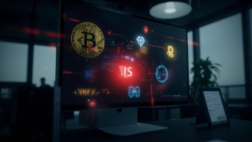 Computer monitor displaying cryptocurrency symbols with red security alert, representing blockchain network security breach across multiple platforms