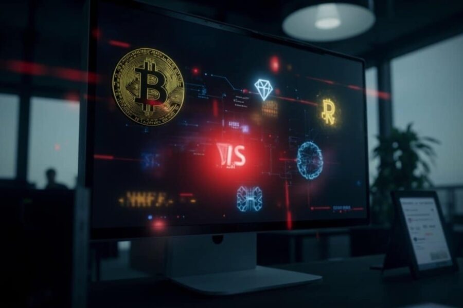 Computer monitor displaying cryptocurrency symbols with red security alert, representing blockchain network security breach across multiple platforms