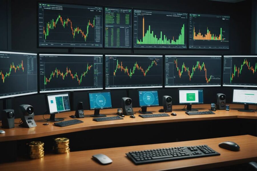 HYPE token golden coins on trading desk with monitors showing green cryptocurrency charts and Wall Street professionals