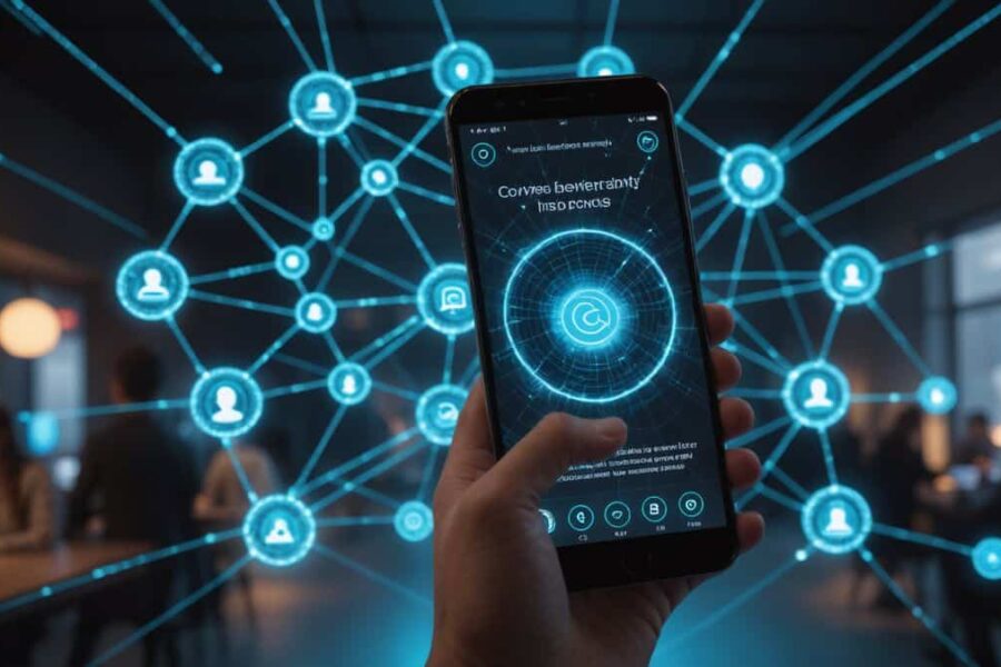 Smartphone with messaging app and holographic blockchain network showing AI assistant integration in Web3 communication