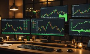 XRP coins on trading desk with cryptocurrency charts showing price resistance at $1.5 amid rising market activity