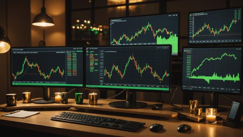 XRP coins on trading desk with cryptocurrency charts showing price resistance at $1.5 amid rising market activity