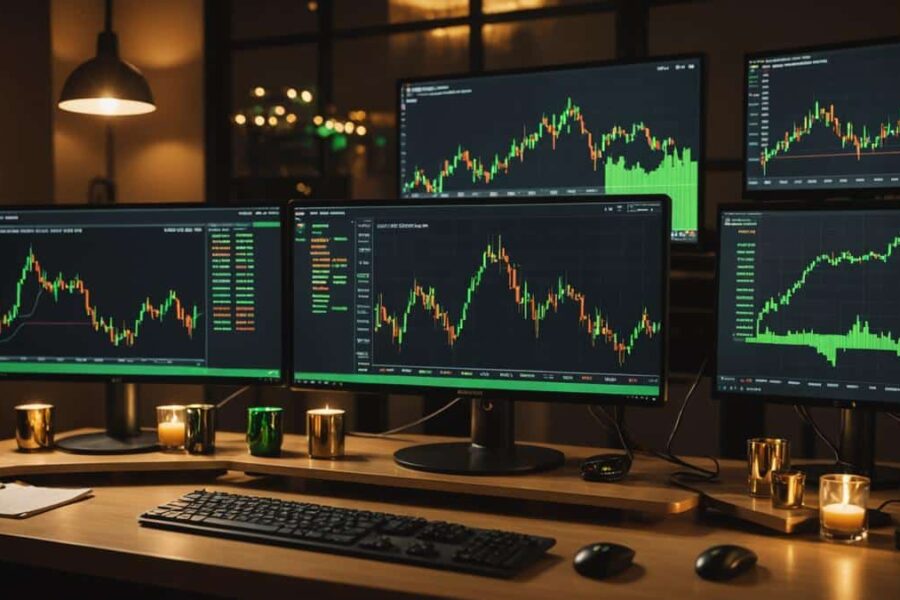 XRP coins on trading desk with cryptocurrency charts showing price resistance at $1.5 amid rising market activity