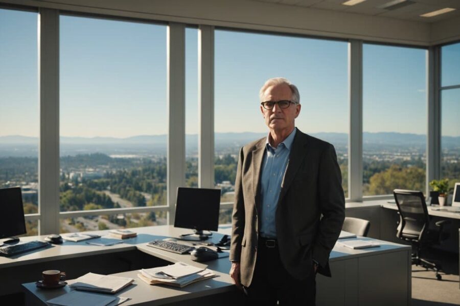 Tech executive in glasses gesturing dismissively in modern Silicon Valley office with floor-to-ceiling windows