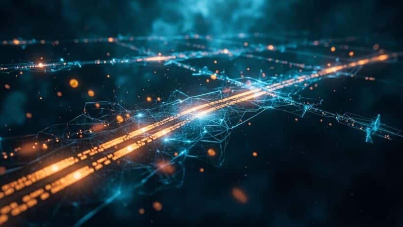 THORChain multi-chain attack visualization showing compromised blockchain bridges with flowing digital assets in dark space
