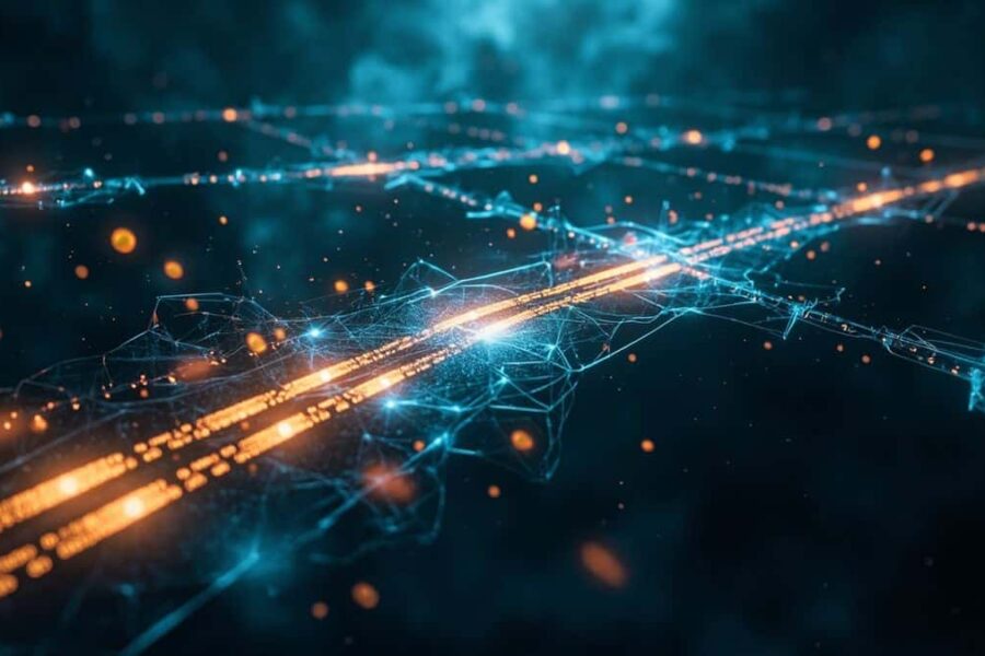 THORChain multi-chain attack visualization showing compromised blockchain bridges with flowing digital assets in dark space