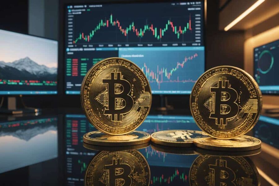 Digital golden stablecoin floating in trading environment vs tokenized fund certificate behind regulatory glass barriers