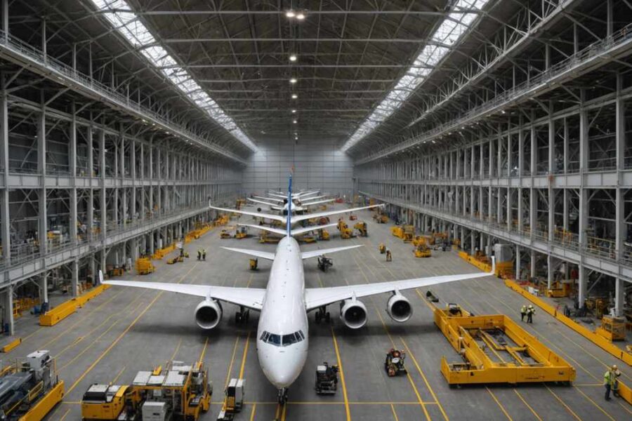 Boeing aircraft assembly line showing commercial jets under construction in manufacturing facility with workers
