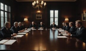 Lawyers in suits negotiating across conference table with legal documents during tense government settlement meeting
