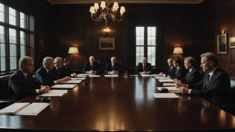 Lawyers in suits negotiating across conference table with legal documents during tense government settlement meeting