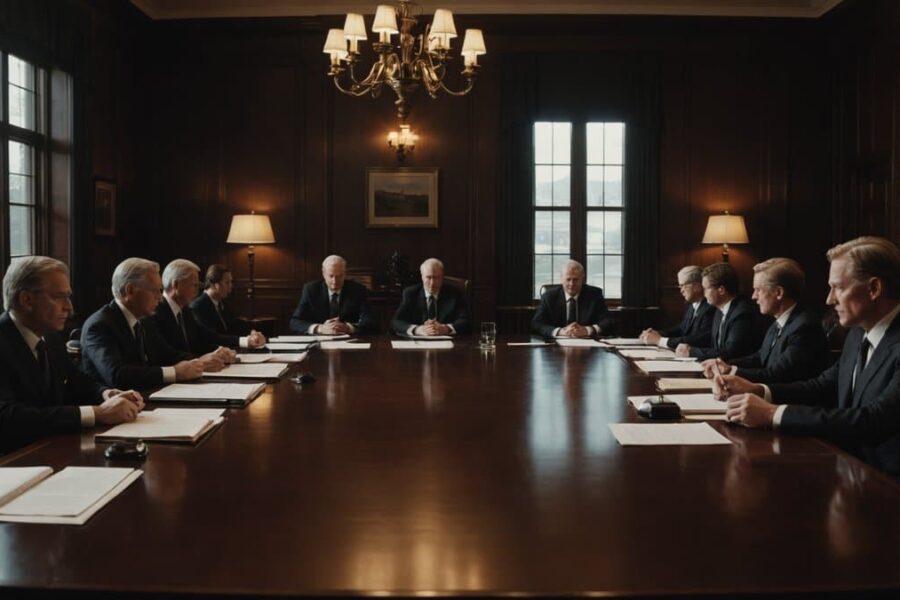Lawyers in suits negotiating across conference table with legal documents during tense government settlement meeting