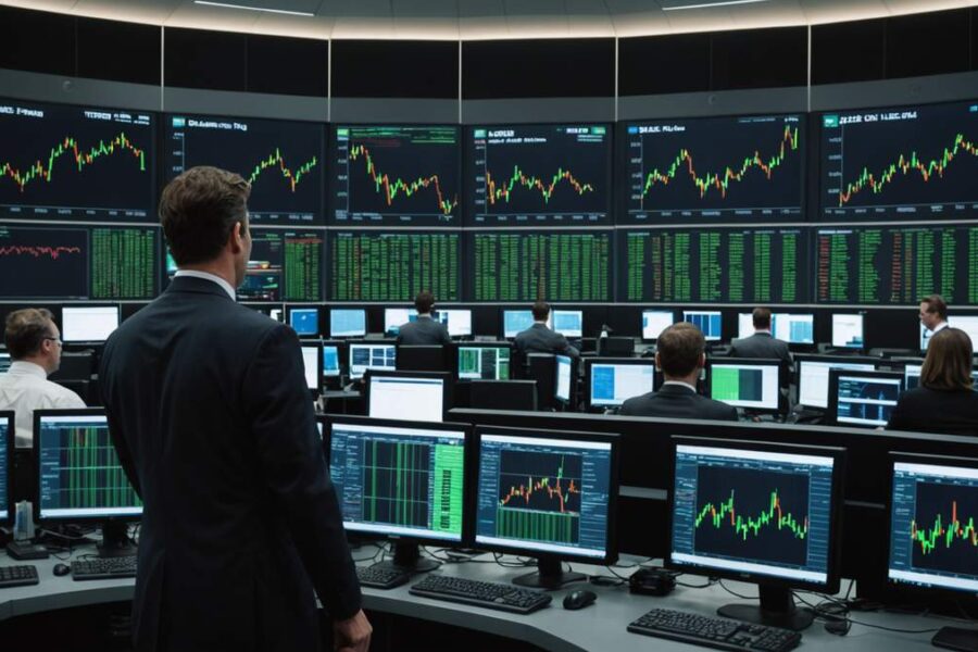 Trading floor with monitors showing green upward trending charts as traders react to rising stock futures