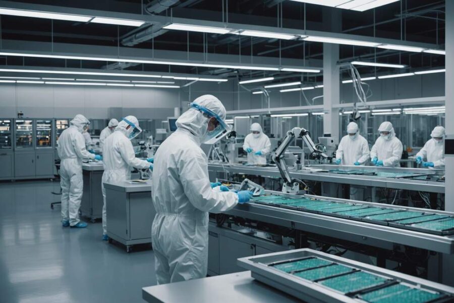 Modern semiconductor manufacturing facility with clean room equipment, robotic arms, and workers in protective suits assembling AI chips