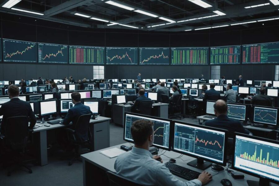 Traders on modern trading floor studying stock charts and economic data on multiple screens with concerned expressions