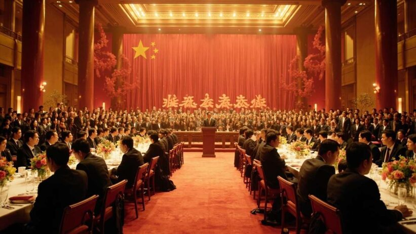 Trump og Xi under formell statsbankett i ornamentert seremoniell hall med kinesisk arkitektur og delegasjoner