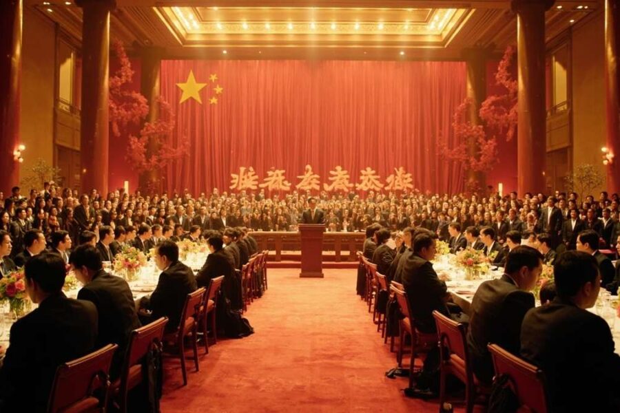 Trump og Xi under formell statsbankett i ornamentert seremoniell hall med kinesisk arkitektur og delegasjoner