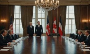 Two world leaders in dark suits stand across a polished conference table with national flags, depicting tense diplomatic summit atmosphere.
