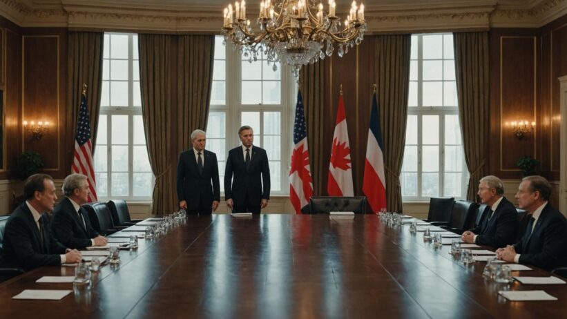 Two world leaders in dark suits stand across a polished conference table with national flags, depicting tense diplomatic summit atmosphere.