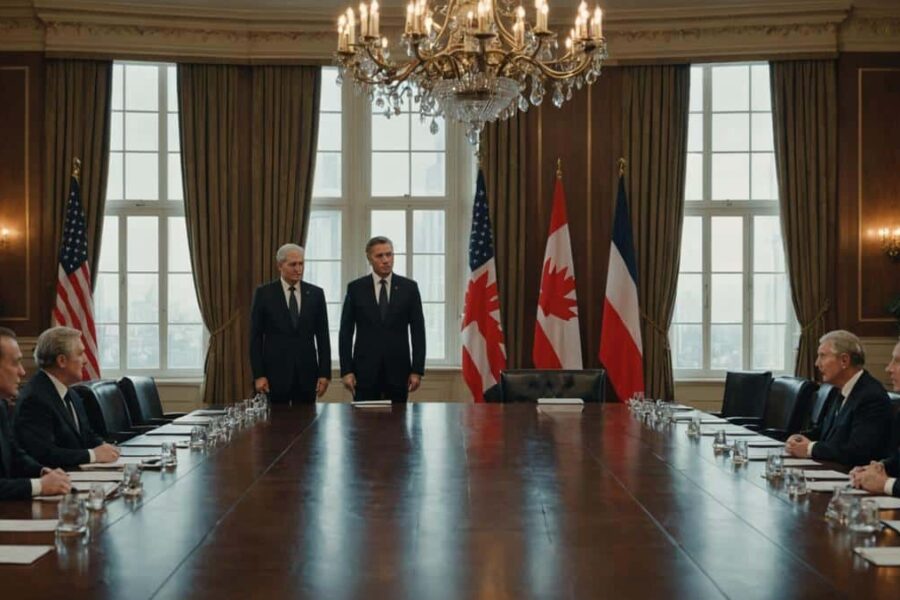 Two world leaders in dark suits stand across a polished conference table with national flags, depicting tense diplomatic summit atmosphere.