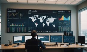 Business executive analyzing investment portfolio with stock charts showing airline and tech company symbols in modern office