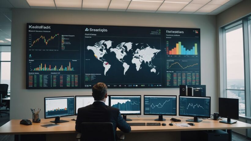 Business executive analyzing investment portfolio with stock charts showing airline and tech company symbols in modern office