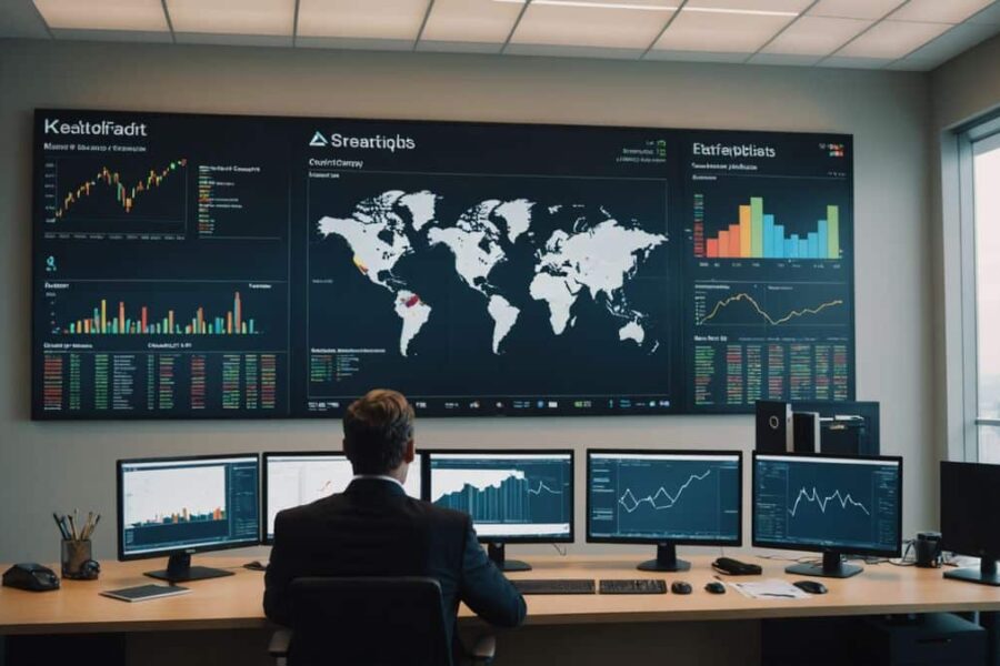 Business executive analyzing investment portfolio with stock charts showing airline and tech company symbols in modern office