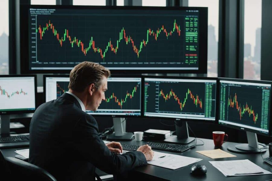 Businessman in suit analyzing stock charts and financial documents at desk with American flags in background