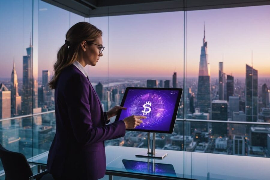 European financial executive with digital tablet showing purple blockchain networks, golden Solana coin and EU flags on table