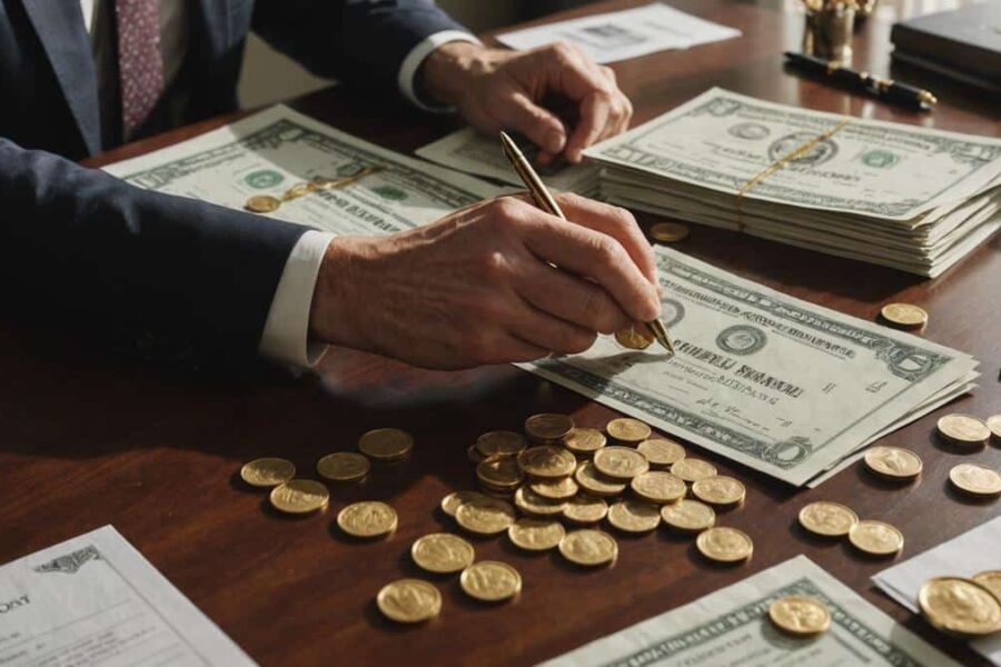 Hedge fund manager's hands sorting stock certificates and gold coins into buy and sell piles on mahogany desk in corner office