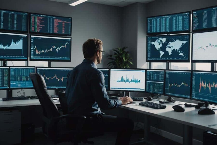 Professional investor analyzing Microsoft stock charts and cloud computing data on multiple screens in modern office