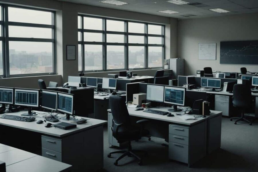 Empty tech office with declining charts on monitors and packed boxes, showing company shutdown and workspace closure
