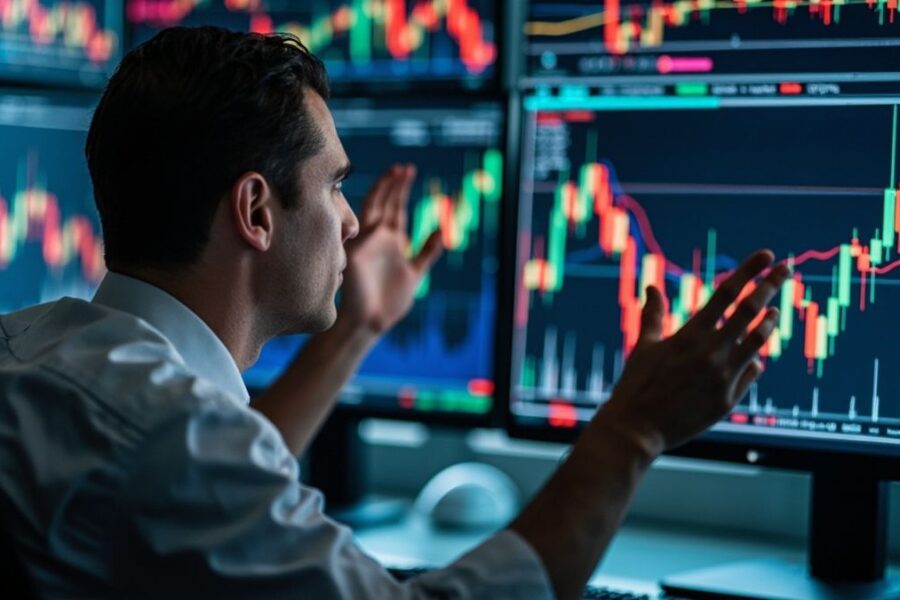 Trader analyzing rising stock charts and option chains on multiple monitors showing bullish technology sector movements