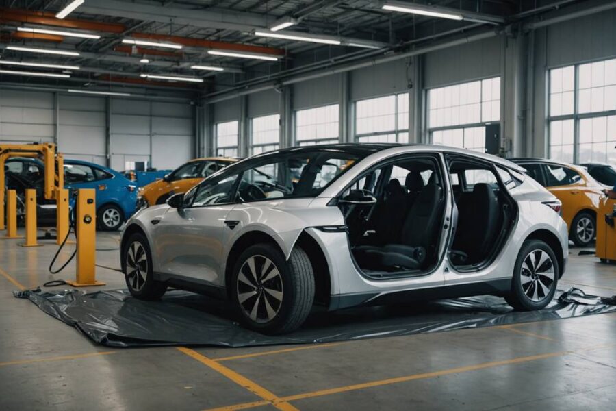 Electric vehicle sits abandoned in Honda factory as workers dismantle EV equipment, symbolizing company's retreat from electrification