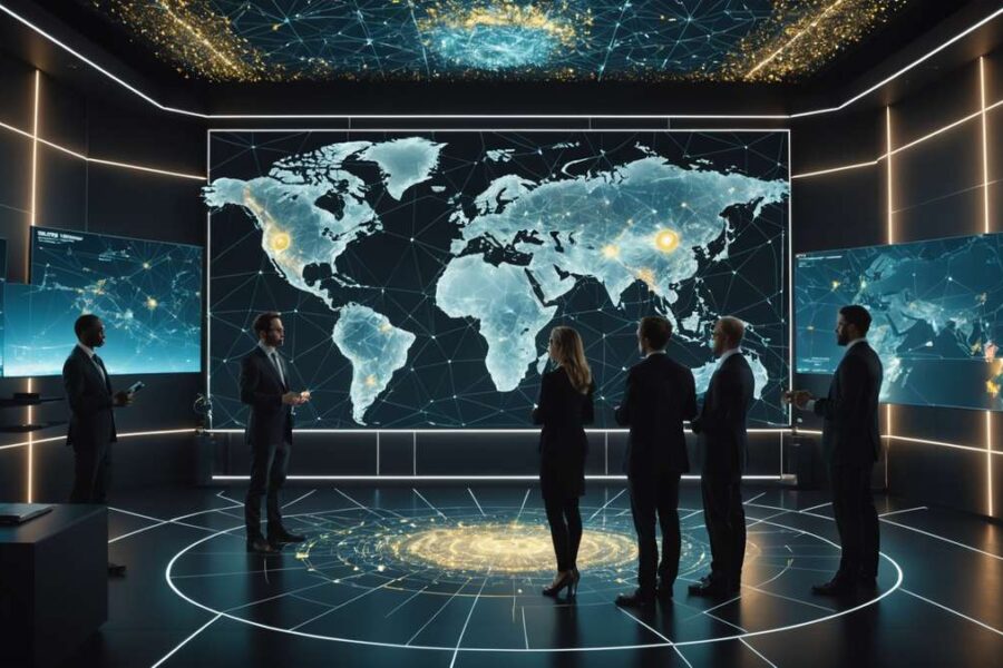 Business professionals around holographic world map display showing blockchain network nodes with floating digital tokens and coins