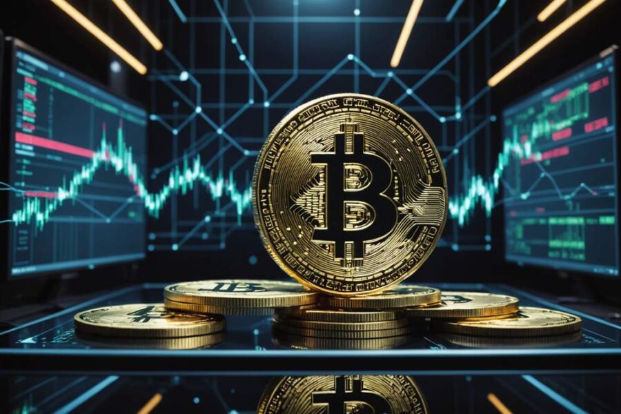 Digital coins flowing through blockchain networks contrasted with stacked fund certificates in modern fintech workspace