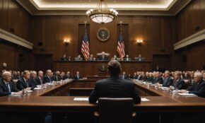 Congressional hearing room with senator gesturing toward empty witness table, lawmakers in tiered rows under dramatic light