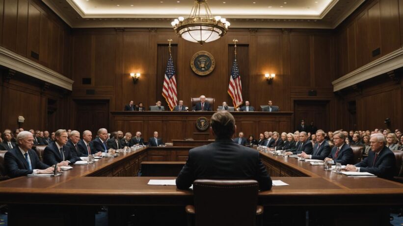 Congressional hearing room with senator gesturing toward empty witness table, lawmakers in tiered rows under dramatic light