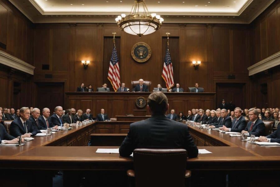 Congressional hearing room with senator gesturing toward empty witness table, lawmakers in tiered rows under dramatic light