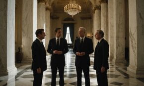 Three men in suits having secretive conversation in ornate government building with marble columns and dramatic lighting