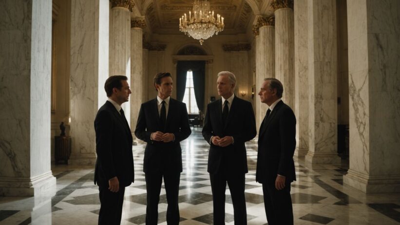 Three men in suits having secretive conversation in ornate government building with marble columns and dramatic lighting