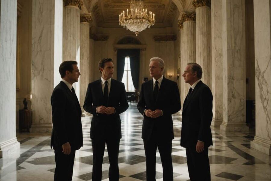 Three men in suits having secretive conversation in ornate government building with marble columns and dramatic lighting