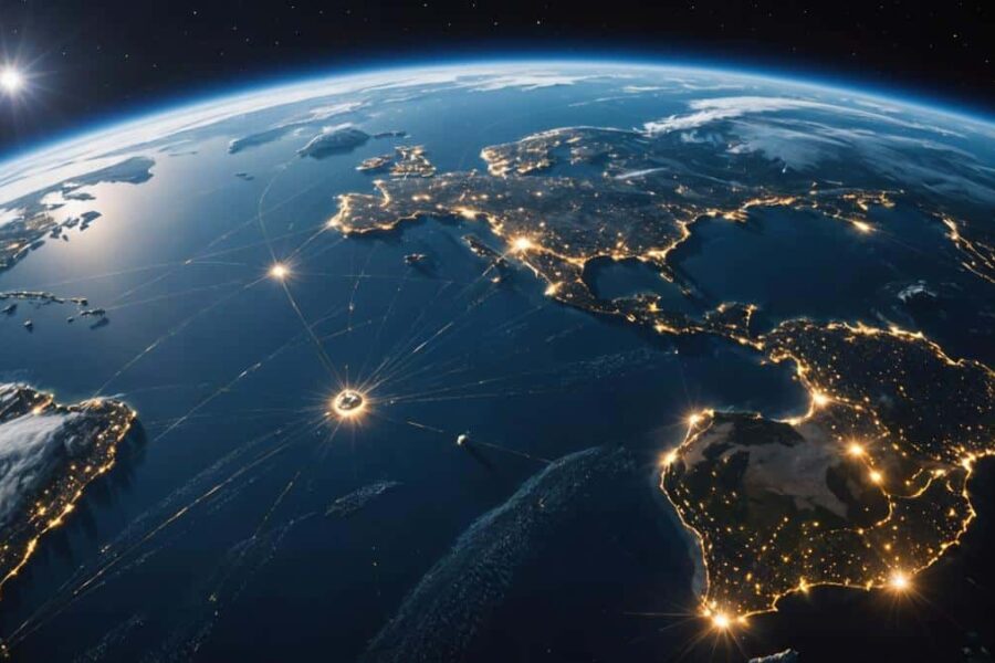 Starlink satellite constellation orbiting Earth showing thousands of satellites as bright dots against blue planet backdrop