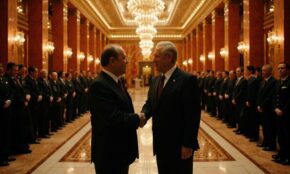 Trump and Xi Jinping shake hands in ornate Beijing ceremonial hall with red pillars, delegations, and golden details