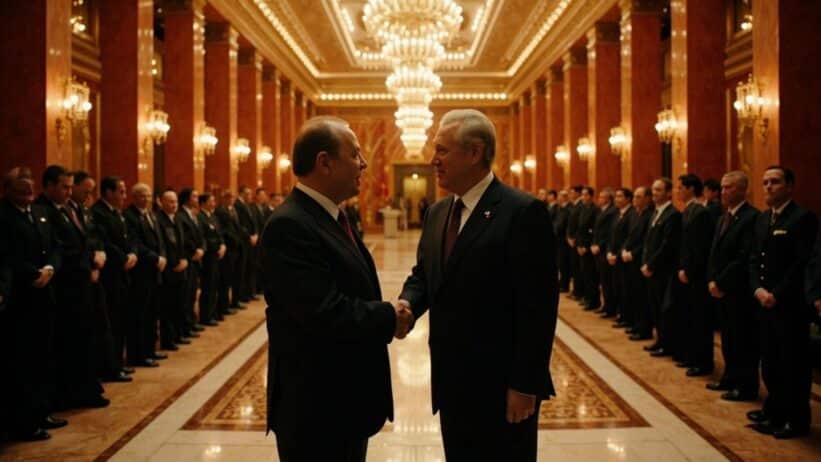 Trump and Xi Jinping shake hands in ornate Beijing ceremonial hall with red pillars, delegations, and golden details