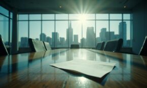 Corporate boardroom with rejection letter on polished table, city skyline view through windows, representing eBay's denial of GameStop's $55.5B bid